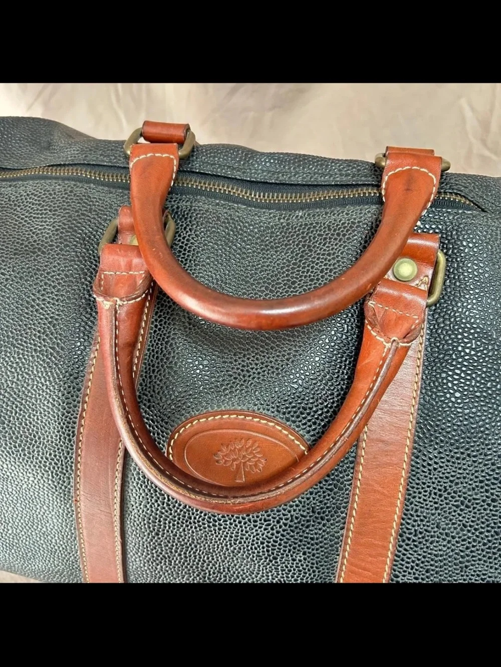 Mulberry Navy Textured Duffel with Brown Leather Trim